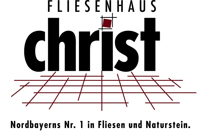 Logo des Betriebs 'Fliesenhaus Christ'. Der Name des Betriebes steht über einer schematisch angedeuteten, abstrakten Darstellunge von Fliesen. Unter den Logo steht: 'Nordbayerns Nr. 1 in Fliesen und Naturstein.'